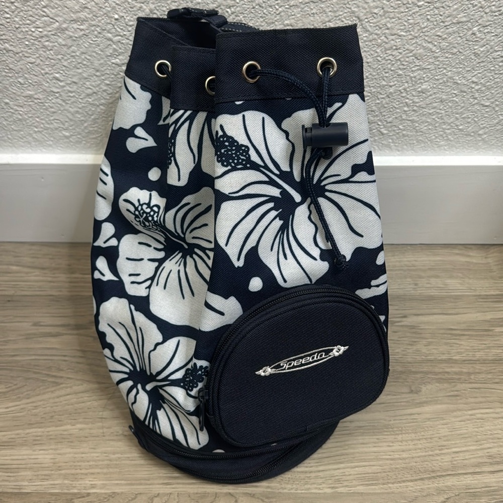 Speedo Bag Hawaiian Floral Canvas Drawstring Bucket Hibiscus Tote Navy White